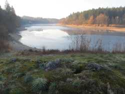 Vom großen Staudamm blickt man auf den ganzen See, der umgeben ist von dichtem Wald.