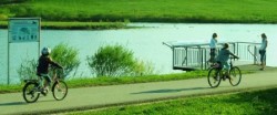 Wander-/Radweg am Vorbecken Buch. Stufenlos zugängliche Aussichtsplattform, um Vögel zu beobachten.