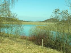 Hinter dem Krafthaus führt der Weg direkt am See entlang und öffnet den Blick über den See in Richtung Metzingen.