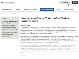 Verkleinerte Abbildung der Internetseite des Beauftragten der Bundesregierung für die Belange behinderter Menschen mit einem Artikel zur Internetseite »Rollstuhlwandern in Baden-Württemberg« in der Rubrik »Inklusionslandkarte«